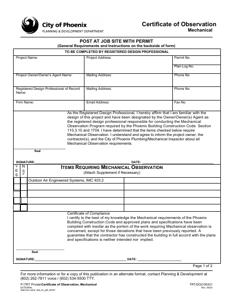 First page of the Certificate of Observation, Mechanical