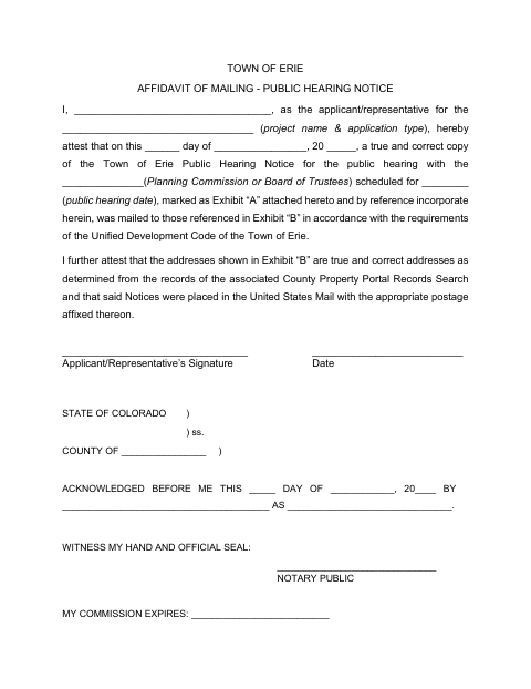 First page of the Affidavit of Mailing – Public Hearing Notice