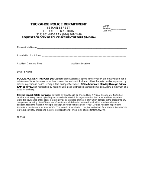 First page of the Request for Copy of Police Accident Report (MV-104A)