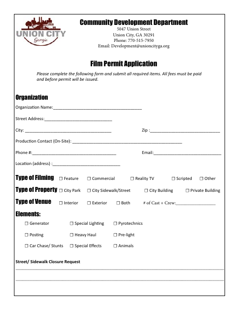 First page of the Film Permit Application