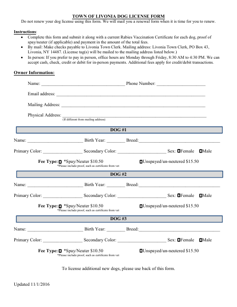 First page of the Dog License Form