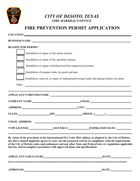 First page of the Fire Prevention Permit Application