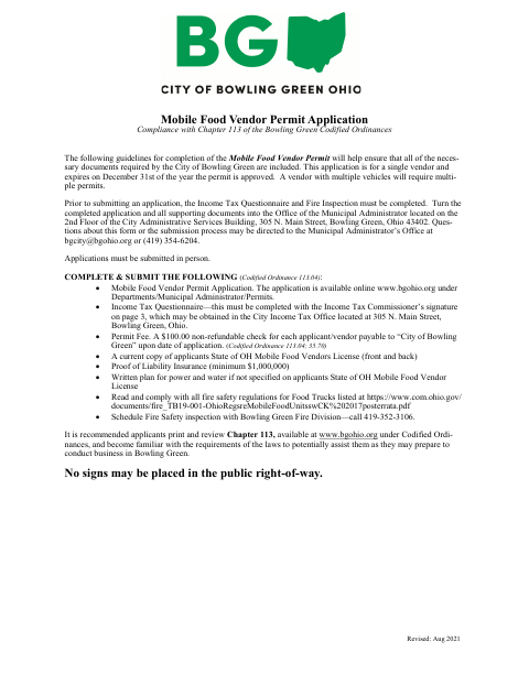 First page of the Mobile Food Vendor Permit Application