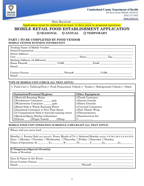 First page of the Mobile Retail Food Establishment Application