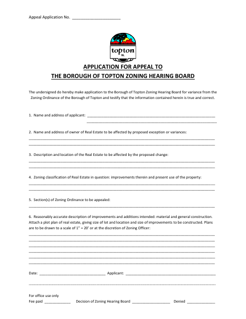 First page of the Application for Appeal to Zoning Hearing Board