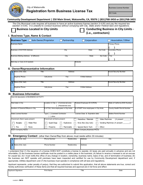 First page of the Business License Application Form