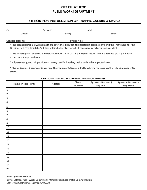 First page of the Petition for Installation of Traffic Calming Device