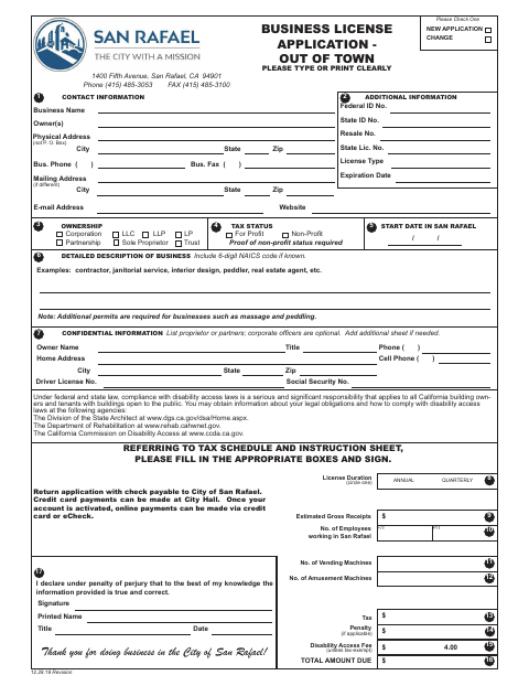 First page of the Business License Application – Out Of Town