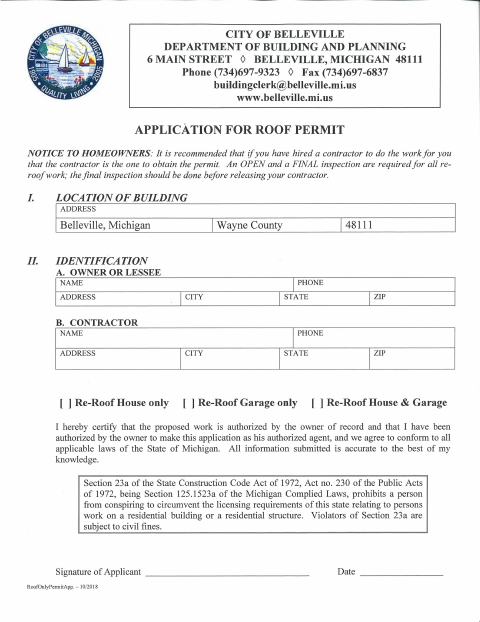 First page of the Roof Permit Application