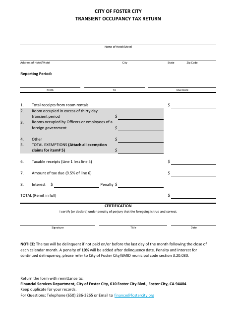 First page of the Transient Occupancy Tax Return