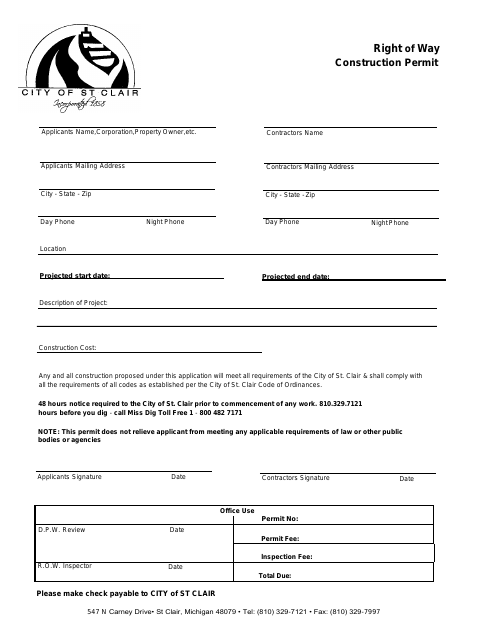 First page of the Right of Way Construction Permit Application
