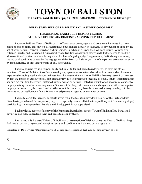 First page of the Release/Waiver of Liability and Assumption of Risk