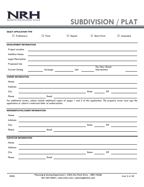 First page of the Subdivision / Plat Select Application