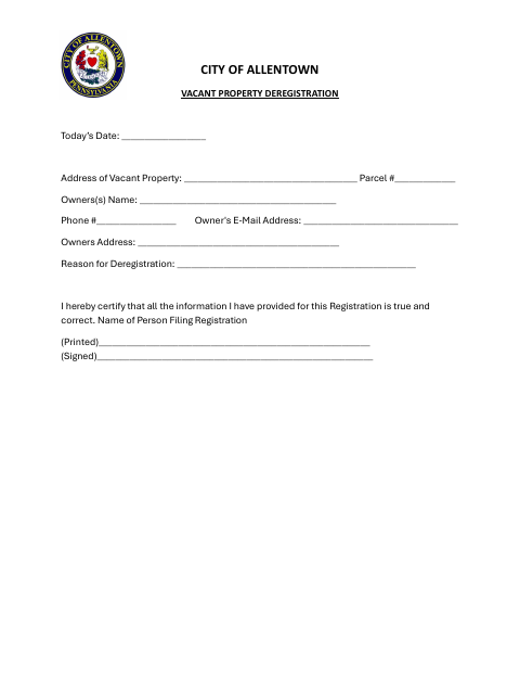 First page of the Vacant Property Deregistration
