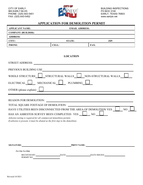First page of the Application for Demolition Permit
