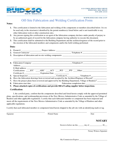First page of the Off-Site Fabrication and Welding Certification Form