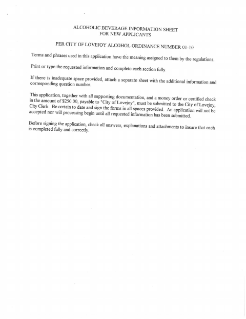 First page of the Alcoholic Beverage License Application