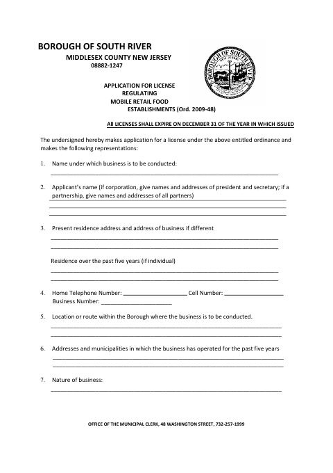 First page of the Application for License Regulating Mobile Retail Food Establishments