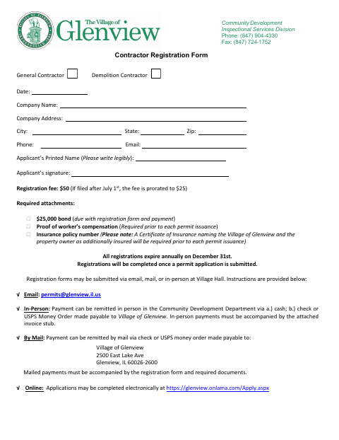 First page of the Contractor Registration Form