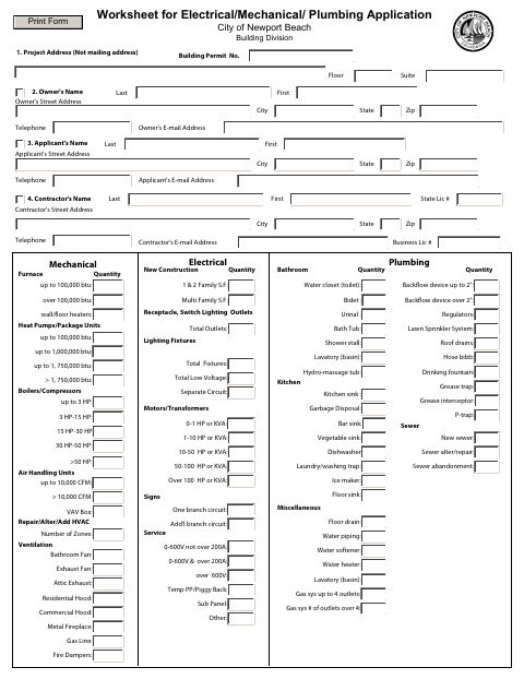 First page of the Worksheet for Electrical/Mechanical/Plumbing Application