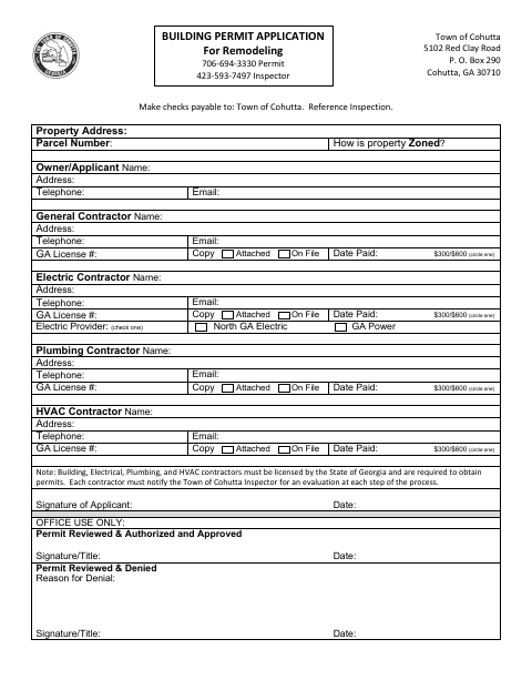 First page of the Building Permit Application for Remodeling
