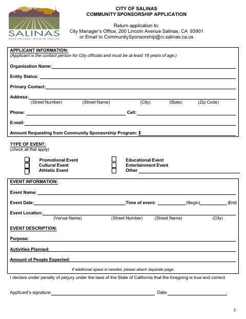 First page of the Community Sponsorship Application