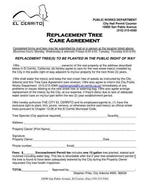 First page of the Replacement Tree Care Agreement