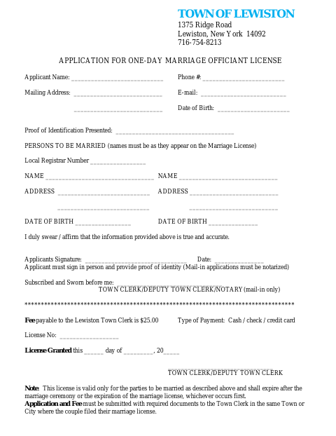 First page of the One-Day Marriage Officiant License Application