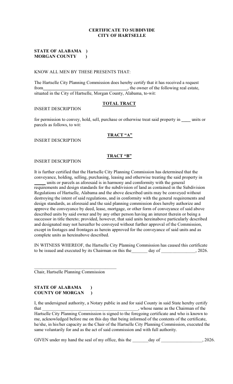 First page of the Certificate to Subdivide