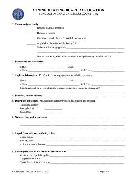First page of the Zoning Hearing Board Application