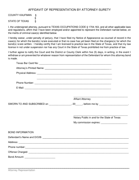 First page of the Affidavit of Representation by Attorney – Surety
