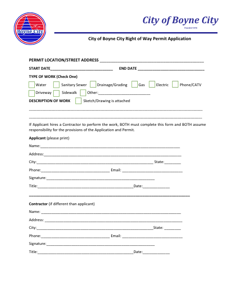 First page of the Right of Way Permit Application