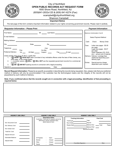 First page of the Open Public Records Act Request Form