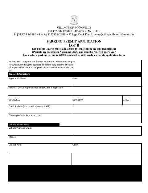 First page of the Parking Permit Application Lot B