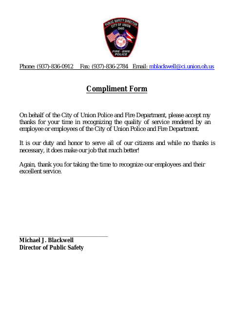 First page of the Police and Fire Compliment Form