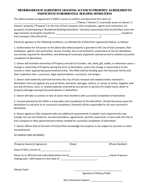 First page of the Property Access Agreement for Residential Demolition