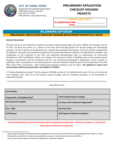 First page of the Preliminary Application Checklist for Housing Projects