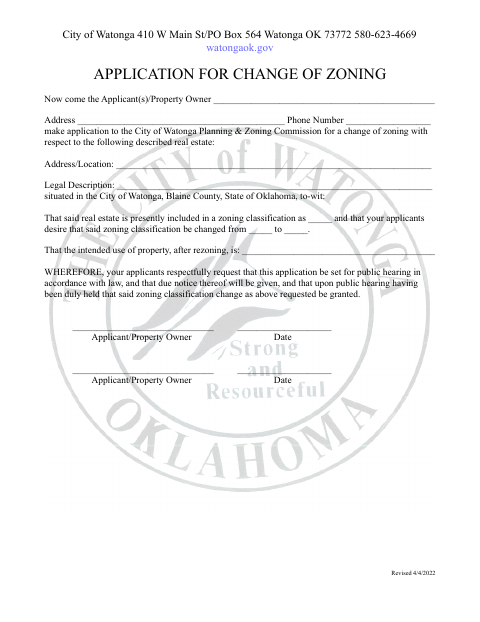 First page of the Application for Change of Zoning
