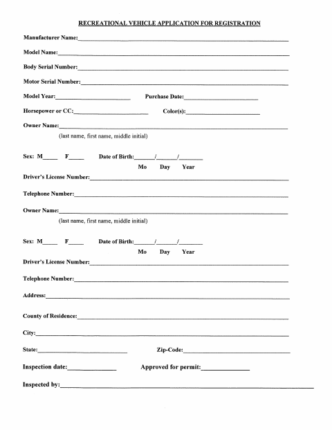 First page of the Recreational Vehicle Application for Registration