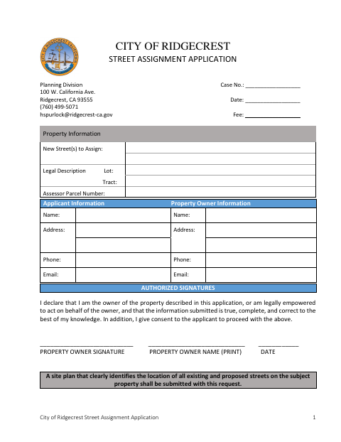 First page of the Street Assignment Application