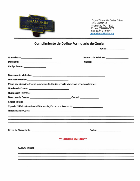 First page of the Code Compliance Complaint Form