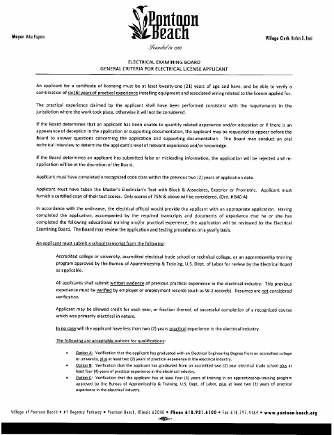 First page of the Electrical License and Examination Application