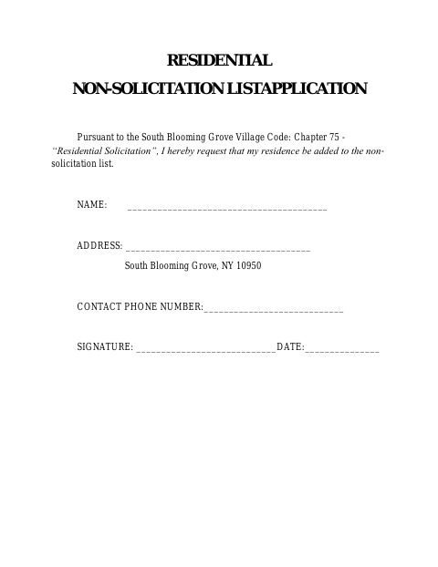 First page of the Residential Non-Solicitation List Application