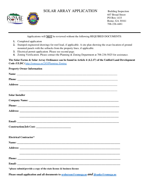 First page of the Solar Array Application