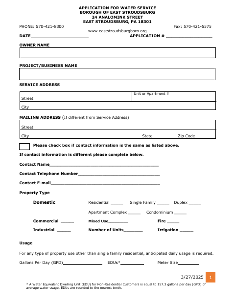 First page of the Application for Water Service
