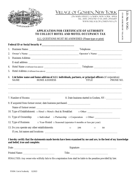 First page of the Application for Certificate of Authority to Collect Hotel and Motel Occupancy Tax