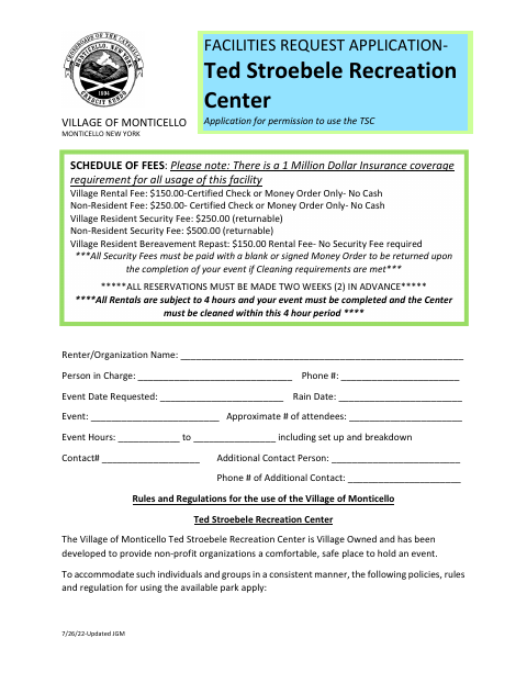 First page of the Ted Stroebele Recreation Center Application