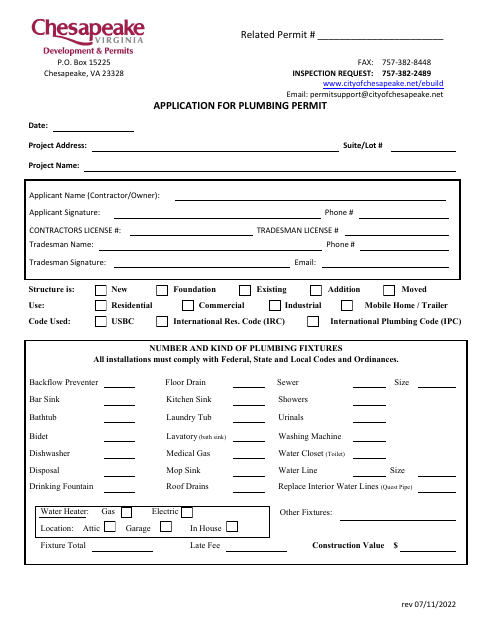First page of the Application for Plumbing Permit