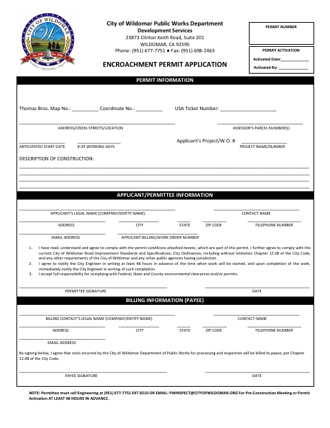 First page of the Encroachment Permit Application