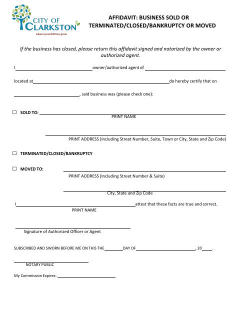 First page of the Affidavit: Business Sold, Closed, or Moved